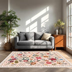 5x7 Area Rugs for Living Room Clearance Washable Boho Area Rug, Vintage Floral Non Slip Low Pile Large Rug for Living Room, Bedroom, Dining Room, Farmhouse (5 x 7 Beige Red)