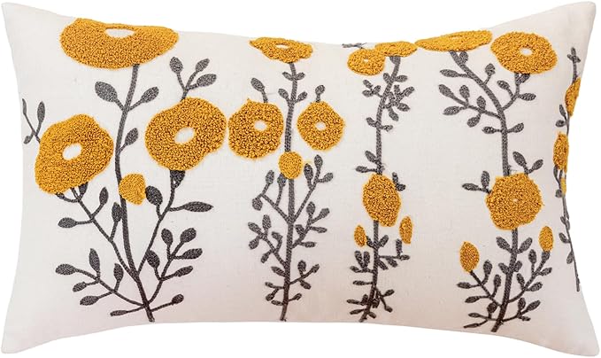 vctops Boho Floral Tufted Decorative Throw Pillow Cover Botanical Embroidered Cotton Cushion Cover for Couch Sofa Bed (Flower C,12"x20")