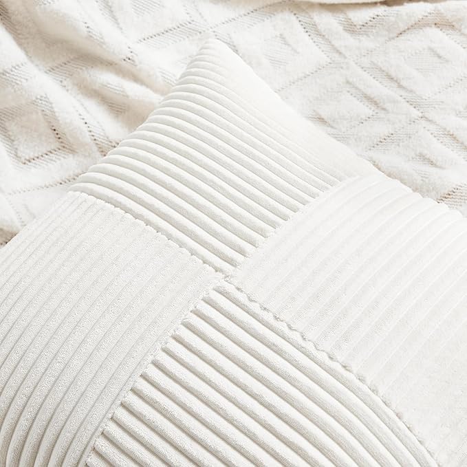Fancy Homi 2 Packs Cream White Lumbar Decorative Throw Pillow Covers 12x20 Inch for Couch Bed Sofa, Rustic Farmhouse Boho Home Decor, Soft Striped Corduroy Rectangle Accent Cushion Case 30x50 cm