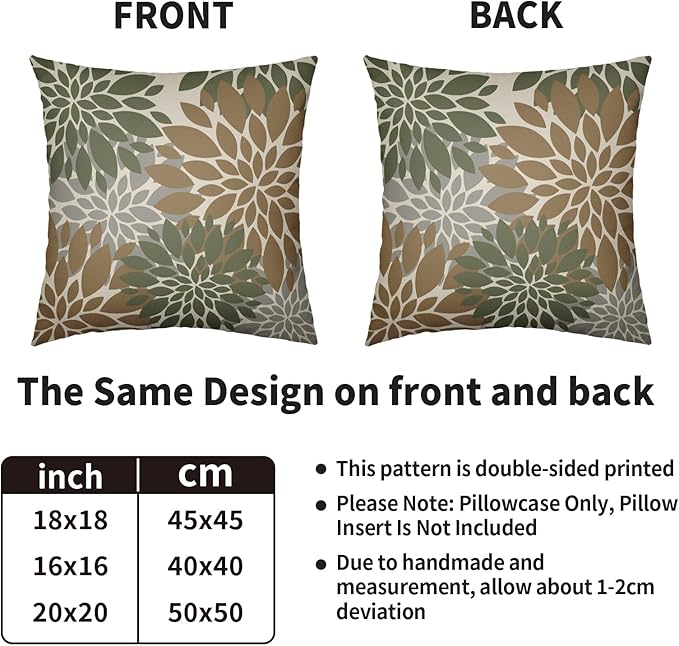 Brown Green Pillow Covers 24X24 Inch Set of 2, Spring Summer Floral Dahlia Flower Cream Decorative Throw Pillow Covers Outdoor Modern Farmhouse Cushion Case for Home Couch Sofa Bed Decor