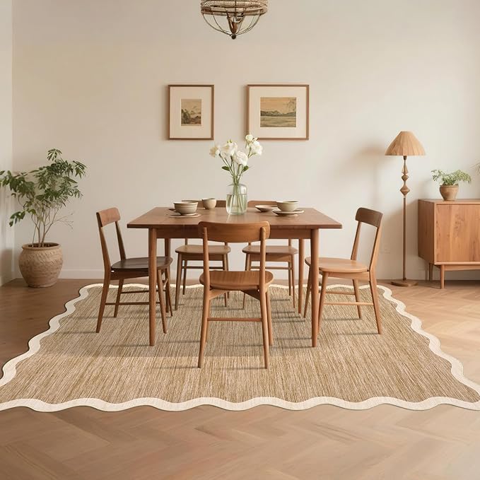 GarveeHome Scalloped Washable Rug 6x9 Rugs for Living Room Modern Brown Nursery Rug Large Area Rug for Bedroom Non Slip Throw Rugs Soft Low Pile Stain Resistant Carpet for Classroom 6'x9' Light Brown