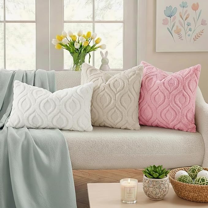 decorUhome Cozy Textured Throw Pillow Covers 16x16 Inch Set of 2, Soft Plush Faux Wool Beige Accent Couch Pillow Covers for Modern Farmhouse Sofa Bed Living Room