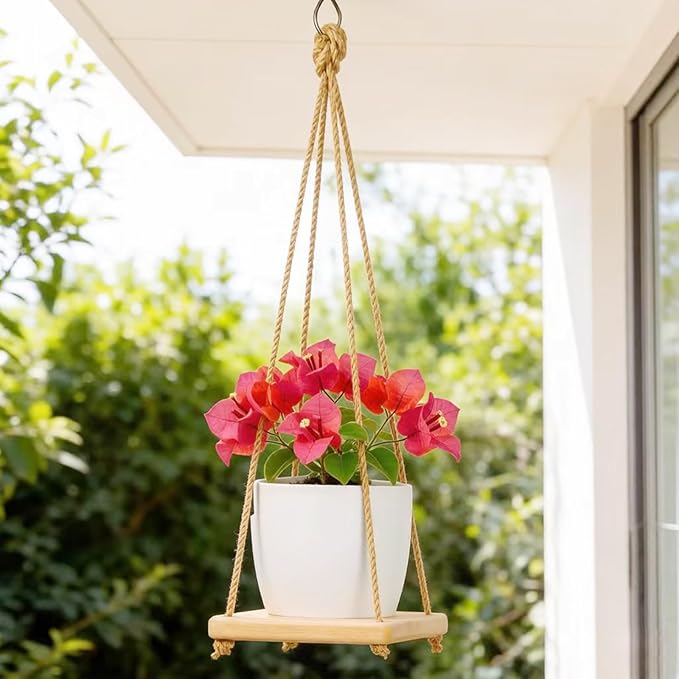 Hanging Plant Hanger for Small Flower Pots with Wood Base & Rope, Hanging Wood Plant Holder for Indoor Plants, Wall Ceiling Plants Hanger for Window Patio Deck Porch Living Room 1 Pack（Pot not included）