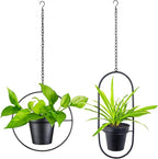 Modern Metal Hanging Planters Set of 2 - Round and Oval Geometric Plant Hangers with 5 Inch Pots - Black Wall and Ceiling Mount Flower Holders for Indoor and Covered Outdoor Décor
