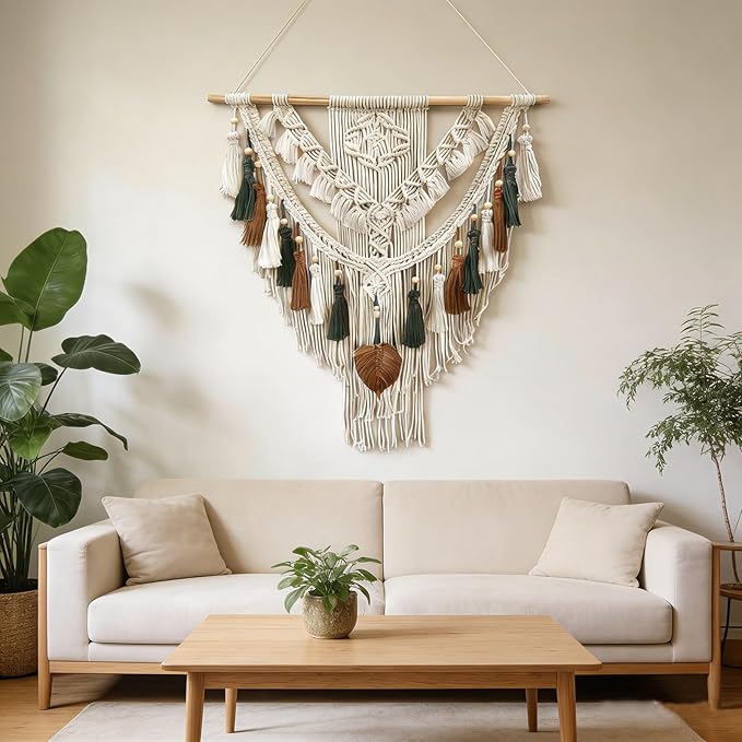 lokeisna Macrame Wall Hanging, Woven Tapestry Beige & Dusty Rose Handmade Craft Macrame Wall Decor, Gallery & Nursery, Size 37.4” Lx27.5” W Brown Green