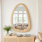 sawsile Rattan Mirror,30x20 Irregular Boho Bathroom Rattan Farmhouse Wicker Asymmetrical Wood Wall Mirror for Nursery,Bathroom,Living Room,Washroom
