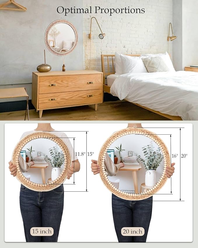Boho Round Hanging Rattan Circle Nursery Mirror, Decorative Wall Decor for Farmhouse Bathroom Bedroom Living Room, Kids Girls Room, Foyer Home Wall Decor (20 inch)