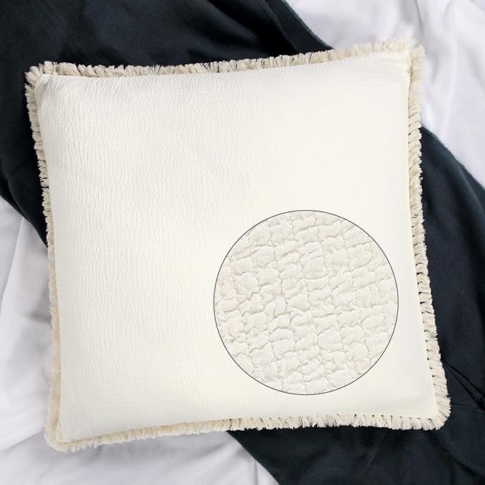 YINFUNG Quilted Euro Sham Ivory Set of 2 Muslin Cotton 26×26 European Pillow Cover Tassel Fringe Boho Decorative Textured Gauze Moroccan Soft Suqare for Bed Couch Sofa Cream