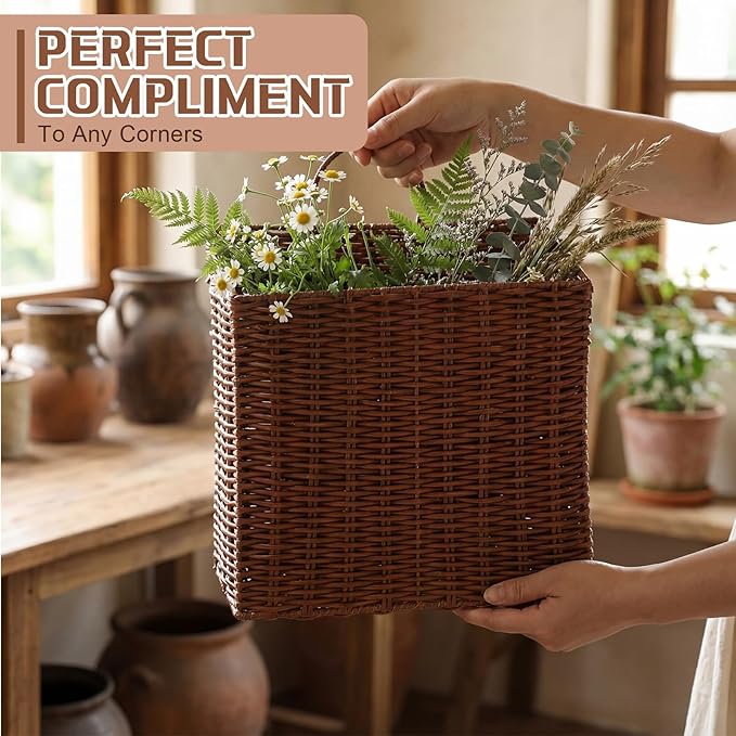 2 Pack PE Rattan Hanging Wall Basket Wicker Hanging Basket for Front Door Mail Flowers Books Accessories Organizing Boho Rustic Farmhouse Wall Decor(Square Opening)
