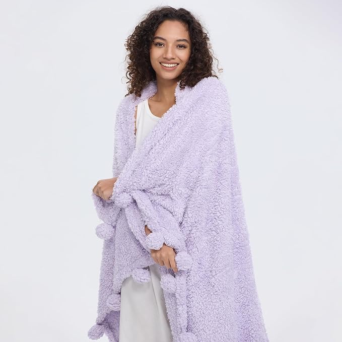 HORIMOTE HOME Ultra Soft Cozy Sherpa Throw Blanket with Pompom Fringe, Light Weight Warm Decorative Boho Style Plush Throw Blanket Cover for Couch, Sofa, Bedroom,Travel, Outdoor, 60”x80”, Purple