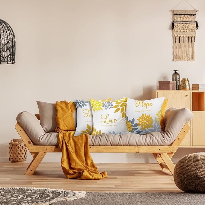 Tatuo 4 Pcs Flower Pillow Covers Square Spring Pillow Cushion Cases 18 x 18 Inch Family Faith Hope Love Words Decorative Summer Winter Cushion Case for Bed Couch Sofa Living Room(Yellow Silver Series)