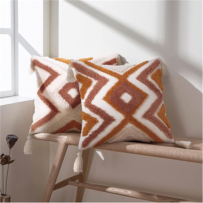 JASEN Boho Throw Pillow Cover with Tassels, Woven Tufted Decorative Pillow Cover, Orange Pillow Covers 18x18 for Couch Sofa Bedroom Living Room（No Pillow Insert, 1Pcs）