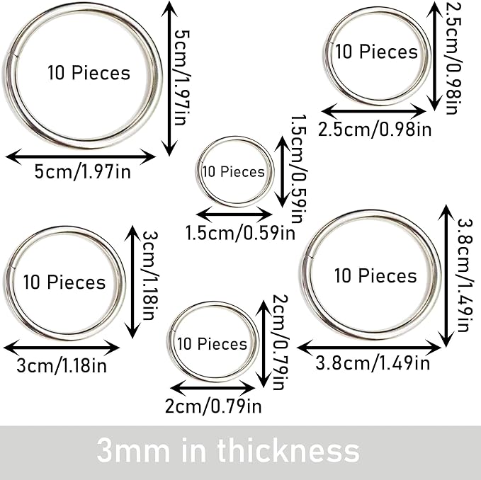60Pcs Metal Rings,BetterJonny 6 Sizes Macrame Hoops Ring Silver Craft Hoops Thick Plant Hangers Dog Collars Metal O Rings for Home Decorations DIY Crafts and Wall Hanging Crafts