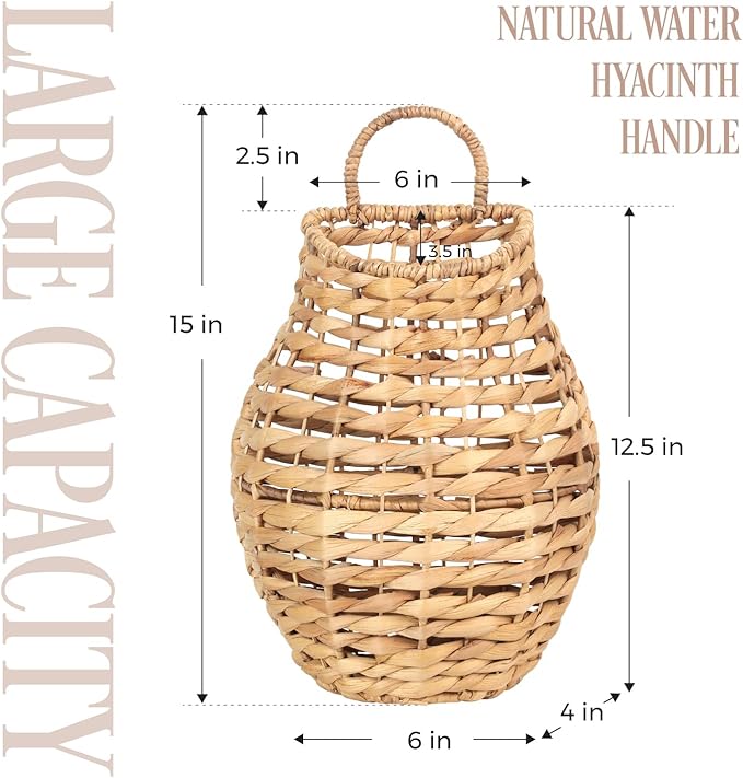 Natural Handwoven Wall Hanging Water Hyacinth Basket for Front Door Flowers & Home Decor – Handwoven Wicker Wall Baskets with Loop Handle – Decorative Organizer for Entryway Mail, and Seasonal Display