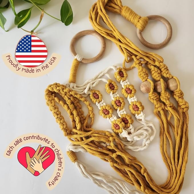 Set of 2 Macrame plant hanger with Daisies & Beads | Hanging plant holder Macrame Plant hangers outdoor and indoor hanging planters Plant stand indoor Boho Decor hanging planter stand (SunshineYellow)