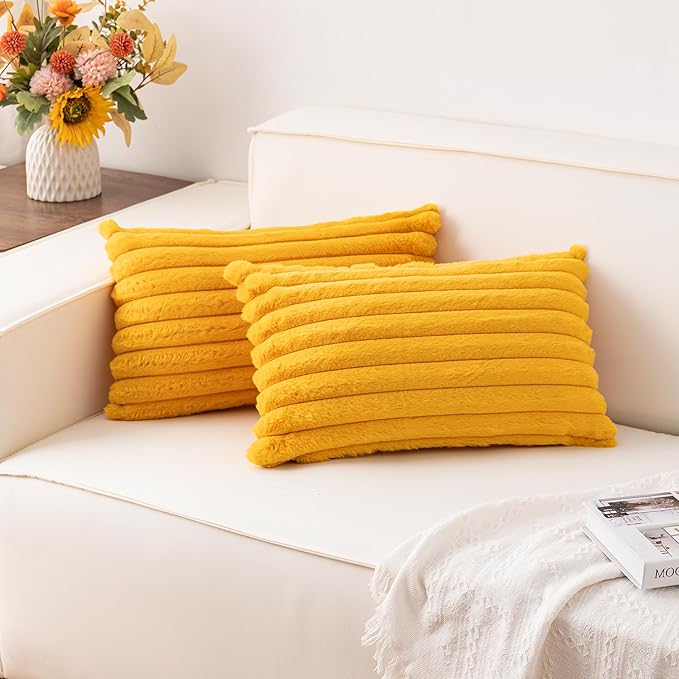 Pack of 2 Faux Fur Christmas Throw Pillow Covers 12x20 Inch, Soft Plush Striped Neutral Couch Pillow Cover, with Velvet Back Modern Home Decor for Sofa Living Room Couch Bed Yellow