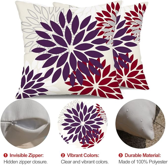 DFXSZ Purple Wine Red Flower Pillow Covers 16x16 Inch Set of 2 Outdoor Throw Pillows Outdoor Waterproof Decor for Living Room Sofa Patio Funiture Garden Floral Polyester Pillow Covers 002T16