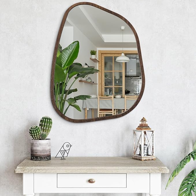 Irregular Wall Mirror Asymmetrical Large Bathroom Mirror Wood Framed Modern Artistic Decorative Vanity Mirrors for Bedroom Living Room Entryway Hallway 26"x18"