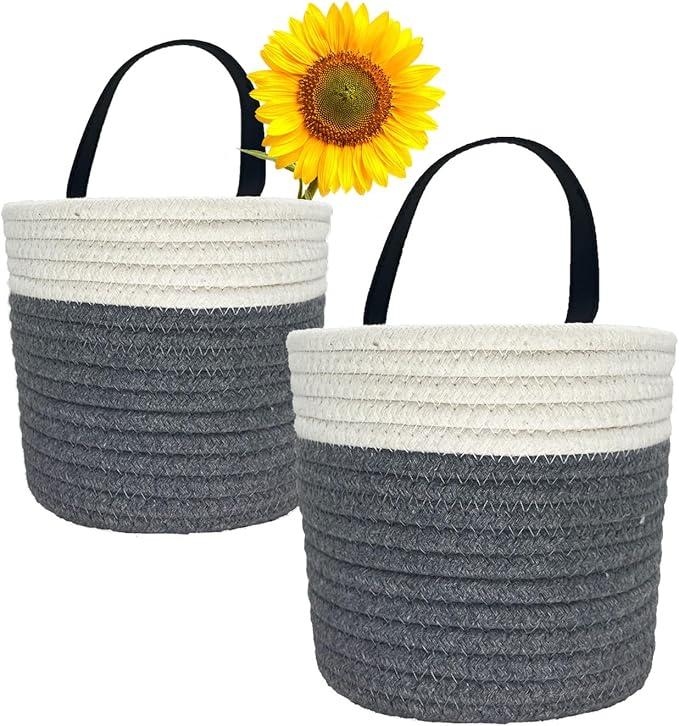 Cotton Rope Hanging Baskets for Organizing 2 Pcs Round Small Wall Basket with Handles Woven Organizer Storage Basket for Kitchen Bedroom Living Room Office(6”x6”, Light Dark)