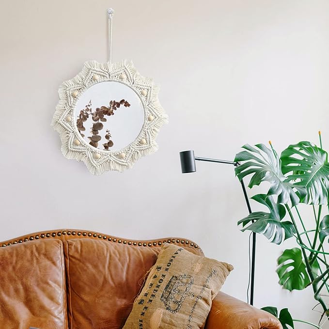 Artilady Macrame Hanging Wall Mirror - Boho Fringe Round Handmade Decorative Acrylic Mirror for Apartment Living Room Bedroom Baby Nursery Home Decor (Wood Beads)