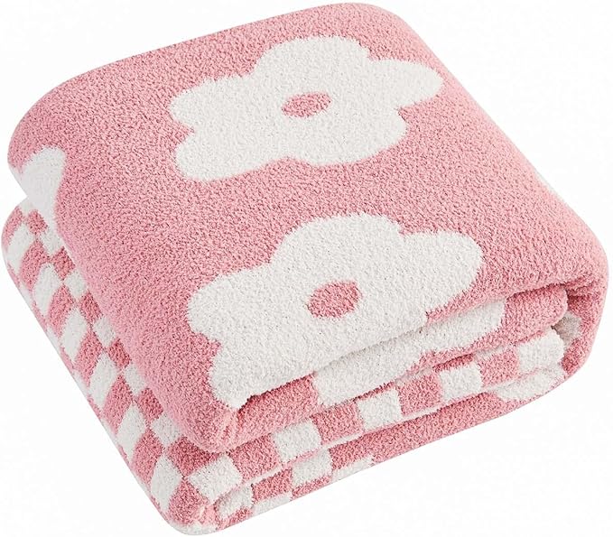 Checkered Throw Blanket, Dusty Pink Flower Blanket for Couch, 60"x80" Soft Plaid Knit Blanket for Home Decor, Reversible Checkerered Blankets for Sofa, Chair, Bed