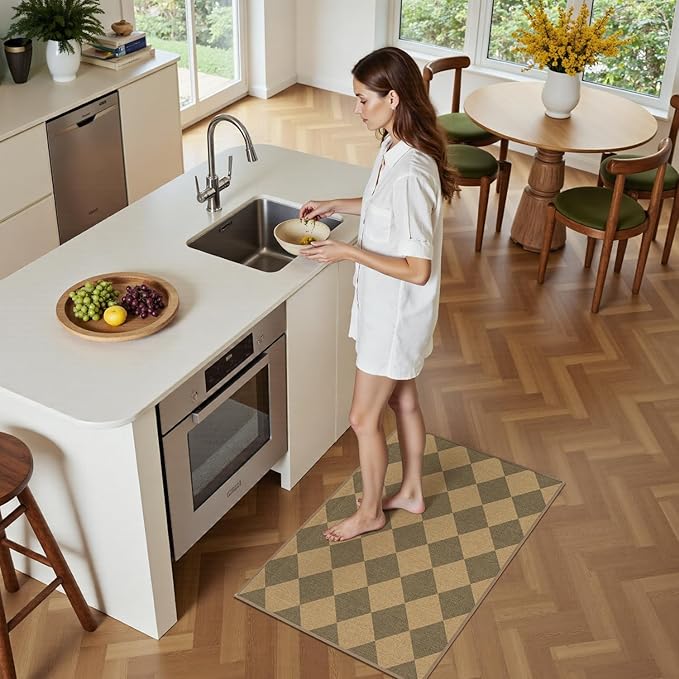 Lessymo Entryway Rug 2x3, Washable Easy Jute Checkered Rug, Non Slip Indoor Outdoor Front Door Mats for Kitchen Bathroom Bedroom, Farmhouse Non Shed Carpet, Diamond Brown/Beige