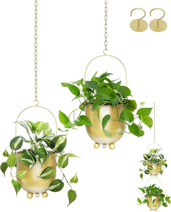 AceList Gold Hanging Planters for Indoor Plants, Set of 2-4.5 inch Metal Plant Hangers from Ceiling or Wall, Modern Boho Window Flower Pots, Pothos, Ivy - No Drainage Hole
