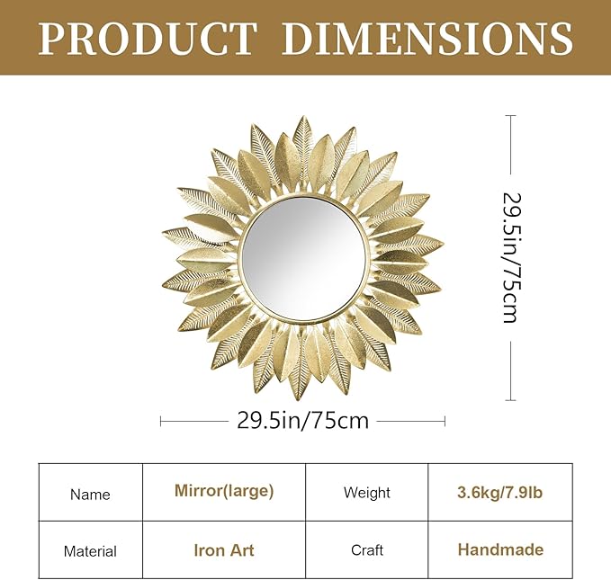 Wall Mirrors Decorative 30" Country-Style Gold Round Mirrors for Wall Decor ，Sunflower Wall Hanging Mirror