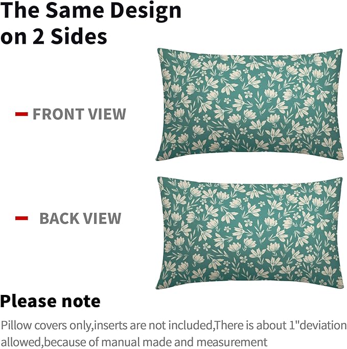Aqua Pillow Covers 12x20 Set of 2 Vintage Floral Rustic Old Style Cute Flower Print Rectangle Decorative Outdoor Pillowcases Seasonal Farmhouse Throw Cushion Case Couch Sofa Bed Decor