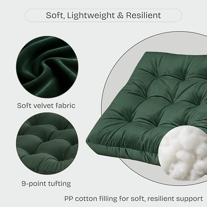 Floor Pillow for Sitting, Large Velvet Floor Seating Cushion for Adults, Tufted Big Pillow for Meditation, Yoga & Living Room, Machine Washable, 22x22 Inch, Green