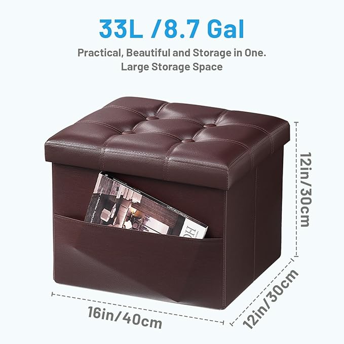 Storage Ottoman Foot Rest Stool, Small Leather Storage Ottomans Bench, Folding Footstool with Side Pockets, Foot Rest Under Desk for Living Room Bedroom, 16x12x12 in, Brown 2 Pack