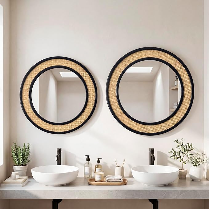 Round Rattan Mirror, 24" Circle Wall Mirror, Farmhouse Wooden Vanity Mirror with Handmade Wicker Frame, Decorative Boho Mirror for Nursery Bedroom Living Room Entryway Black