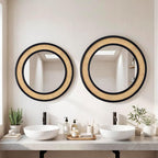 Round Rattan Mirror, 24" Circle Wall Mirror, Farmhouse Wooden Vanity Mirror with Handmade Wicker Frame, Decorative Boho Mirror for Nursery Bedroom Living Room Entryway Black
