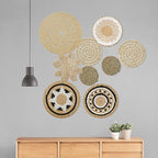 HJJWNDDNG 9 Pack Boho Wall Basket Decor Set, Hanging Woven Seagrass Rattan Wicker Boho Wall Decor, Round Farmhouse Wall Hanging Baskets Rustic Flat Wall Art for Living Room Bedroom Kitchen (Style 9)