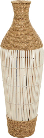 Deco 79 Seagrass Handmade Decorative Vase Wrapped Tall Floor Centerpiece Vase with Cream Slatted Bamboo Center, Vase for Home Decoration 13" x 13" x 40", Brown