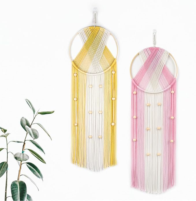 LB 2Pc Boho Macrame Wall Hanging Boho Aesthetic Wall Decor Pink and Yellow Hand Woven Cotton Macrame Wall Art with Wood beads Modern Tapestry for Home, Bedroom, Living Room