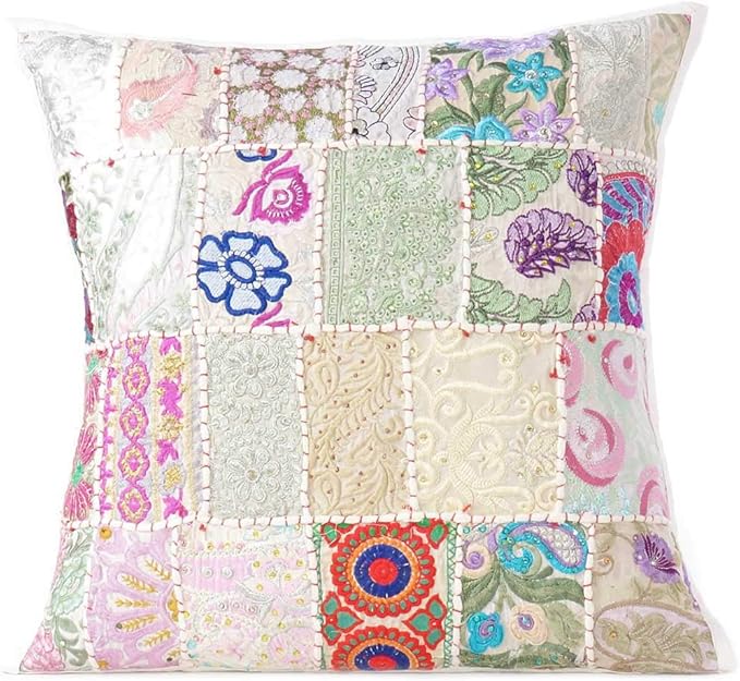 Eyes of India Decorative Patchwork Boho Throw Pillow Cover, Colorful Bohemian Cushion Case for Sofa Couch, Handmade Accent Bedroom Living Room (White, 20" x 20")