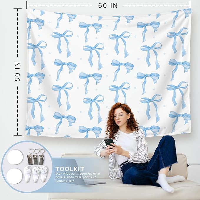LIANGW Light Blue Coquette Trendy Preppy Wall Tapestry – Blue Bow Aesthetic Hanging Tapestry for Girls Bedroom or Dorm Room Decor,Based Blue Room Decor Aesthetic 50x60 Inch