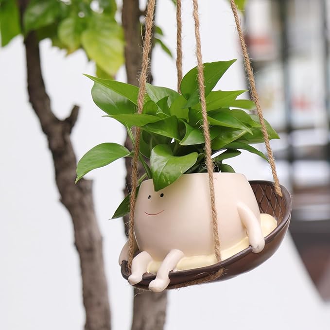 NINIPAPA Hanging Swing Chair Planter Pot Smile Face Plant Pot for Indoor Outdoor Plants Cute Head Flower Pots for Succulent String of Pearls Unique Gift on Mother's Day, Birthday, Christmas