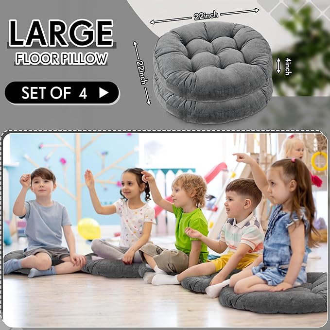 Jerify Floor Pillow Cushions Large Round Square Large Meditation Floor Pillow for Classroom Adult Meditation Picnic Party Seating Learning Daycare School(Round,Dark Gray,2 Pcs)