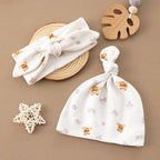 BabyWhale Muslin Swaddle Blanket with Hat and Headband Bow, Flower and Bear Print Swaddle Set for Baby Boys ＆ Girls, Soft Breathable Unisex Receiving Blanket Wrap, 47x47 inches