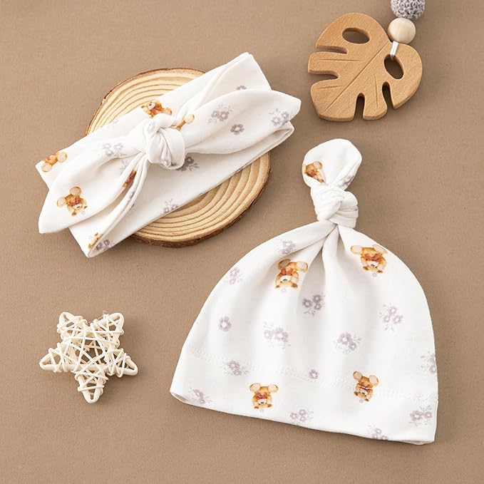 BabyWhale Muslin Swaddle Blanket with Hat and Headband Bow, Flower and Bear Print Swaddle Set for Baby Boys ＆ Girls, Soft Breathable Unisex Receiving Blanket Wrap, 47x47 inches