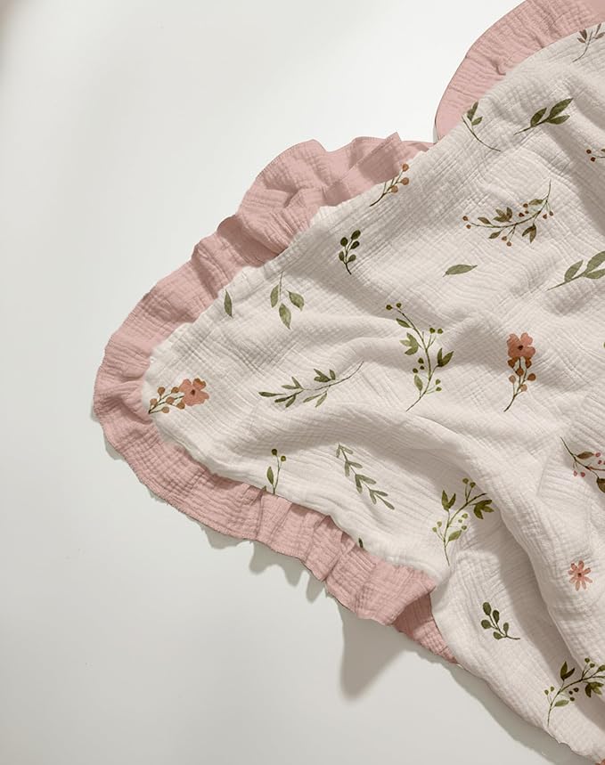 Muslin Ruffled Baby Blanket, Extra Large 52 x 52 Inches, Soft Breathable Cotton Crib Blanket for Newborn Infant Toddler (Blush Meadow-Ruffled, Printed)