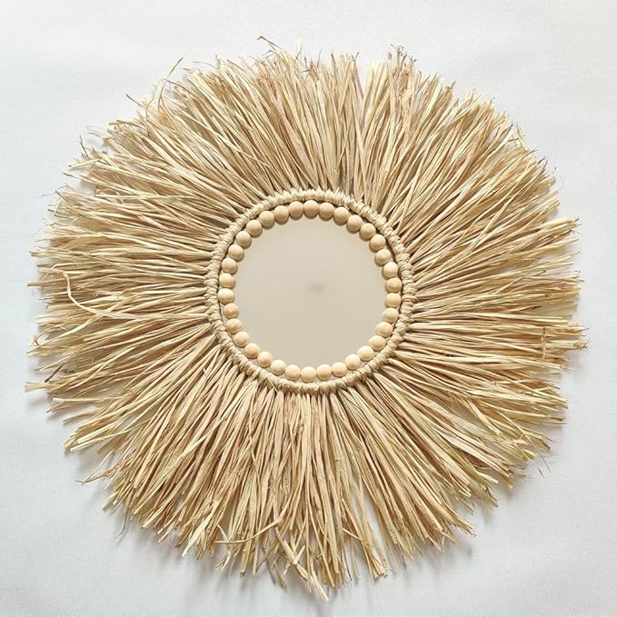 Boho Wall Mirror Decor - Raffia Straw Mirror Decor Round Handmade Wall Art for Children Room Decor Living Rooms Bedrooms Display Table Settings Home Kitchen 18in (Mirror)