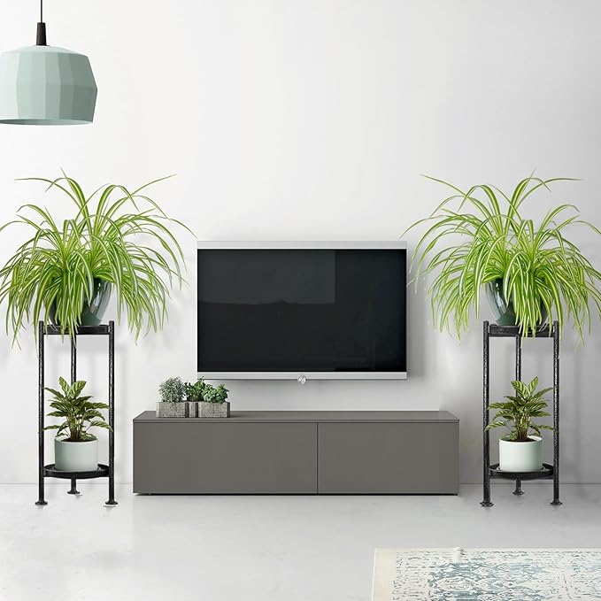 Plant Stand Indoor Outdoor, 2 Tier Iron Plant Stand, 30'' Tall Pedestal Stand Outdoor, Metal Flower Stands for Indoor Plants, Balcony, Living Room (silver gray)