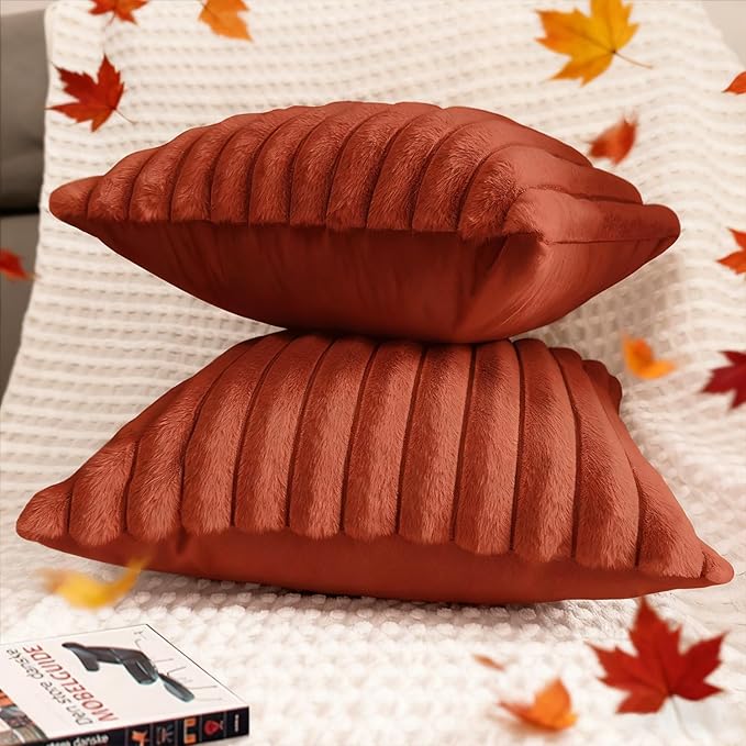 2 Pack 18x18 Pillow Cover Velvet Pillow Covers, Faux Fur Square Throw Pillow Covers for Living Room Decorations Throw Pillow Case, Throw Pillow Cover Cushion Cover for Home Sofa Bedroom Car, Rust