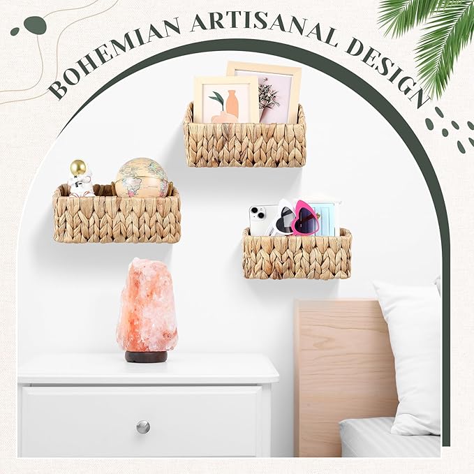 3 Pcs Woven Hanging Wall Baskets for Storage Seagrass Wall Mount Organizer with 6 Mounting Hooks Decorative Bathroom Basket for Boho Room Decor Letters Mail Kitchen