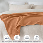 PHF 100% Cotton Muslin Throw Blanket 50" x 60", 4-Layer Lightweight Gauze Throw, Breathable Cloud-Soft Minimalist Blanket for Bed, Couch, Camping & Baby, Caramel, Ideal Gift