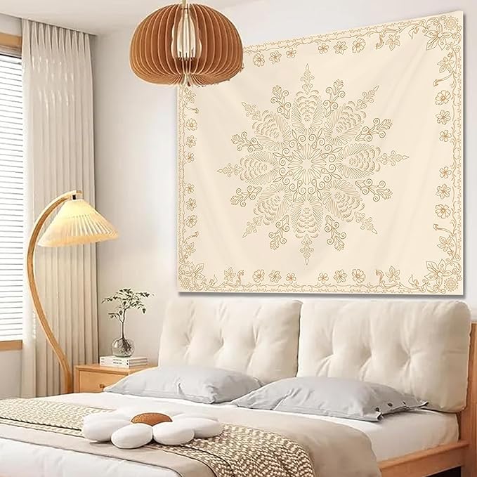Apdidl Boho Mandala Floral Wall Tapestry for Bedroom Aesthetic, Bohemian Cute Flower Hippie Indian Beige Wall Hanging Blanket, Medallion Art Decor Tapestries for Teen Girls Living Room Dorm 60" X 79"
