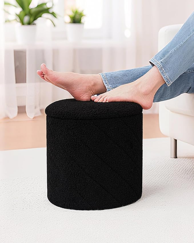 B FSOBEIIALEO Ottoman with Stroage, Boucle Round Storage Ottoman with Tray,Foot Rest Stool for Dorm Room, Living Room Black, 12.99"x12.99"x13.78"